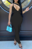 Light Blue Sexy Solid Hollowed Out Spaghetti Strap Pencil Skirt Dresses