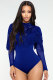Blue Button Fly Long Sleeve Mid lace Patchwork Skinny shorts