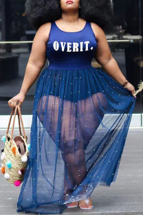 Blue Sexy Letter Pearl Mesh Spaghetti Strap Lantern Skirt Plus Size Dresses