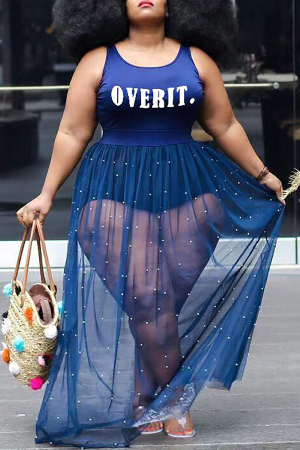 Blue Sexy Letter Pearl Mesh Spaghetti Strap Lantern Skirt Plus Size Dresses