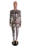 Khaki Sexy Print Patchwork Zipper Collar Skinny Jumpsuits