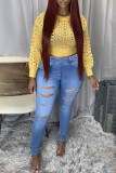 Baby Blue Fashion Casual Solid Ripped Mid Waist Skinny Jeans