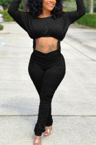 Black Fashion Casual Adult Solid Fold O Neck Long Sleeve Regular Sleeve Short Two Pieces