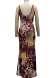 Blue Sexy Print High Opening Spaghetti Strap Irregular Dress Dresses