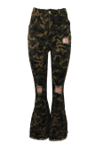 Camouflage Casual Camouflage Print Patchwork Mid Waist Boot Cut Denim