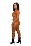 Brown Fashion Sexy Solid bandage zipper PU Long Sleeve Turndown Collar 