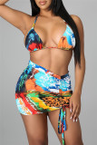 Blue Fashion Sexy Print Draw String Long Sleeve Four-piece Set