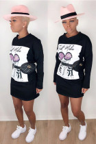 Black Casual Fashion adult Cap Sleeve Long Sleeves O neck Step Skirt Mini Print Long Sleeve Dre