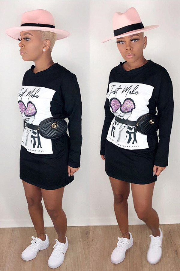 Black Casual Fashion adult Cap Sleeve Long Sleeves O neck Step Skirt Mini Print Long Sleeve Dre
