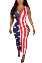 Red and blue Fashion Sexy adult Red and blue Tank Sleeveless O neck A-Line Ankle-Length Print Patchwork hole Dresses