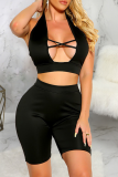 Black Sexy Solid Hollowed Out Halter Sleeveless Two Pieces