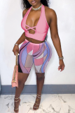 Pink Sexy Print Bandage Halter Sleeveless Two Pieces