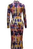Blue Sexy Print Patchwork Half A Turtleneck Pencil Skirt Dresses