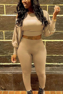 Khaki British Style Solid Oblique Collar Long Sleeve Two Pieces