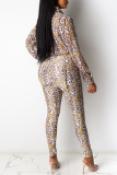 Purple Fashion Casual Print Without Belt Turndown Collar Long Sleeve Two Pieces