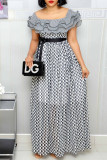 Black Fashion Casual Print Patchwork Square Collar Short Sleeve Dress