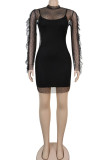 Black Network Sexy Patchwork Solid Hip skirt Long Sleeve Two-Piece Dress