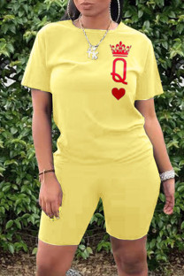 Yellow Fashion Casual Letter Print Basic O Neck Short Sleeve Two Pieces