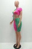 Fluorescent green Fashion adult Street Letter Patchwork Print Bandage Two Piece Suits HOLLOWED OUT pencil Short Sleeve Two Pieces