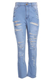 Light Blue Denim High Hole pencil Pants Bottoms