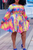 Red Casual Print Patchwork O Neck Cake Skirt Plus Size Dresses