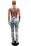 Blue Fashion Sexy Print Backless Halter Sleeveless Two Pieces