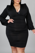 Black Sexy Solid Patchwork V Neck Plus Size Dresses