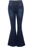 Dark Blue Denim Zipper Fly Button Fly High Pocket washing Hole Solid Zippered Boot Cut Pants 