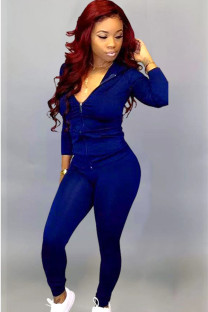 Blue Fashion adult Active Casual Lightly cooked Zippered Two Piece Suits pencil Long Sleeve