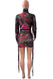 Black Sexy Print Mesh Turtleneck Pencil Skirt Dresses