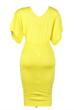 Yellow Fashion Casual Solid Fold V Neck Short Sleeve Dress