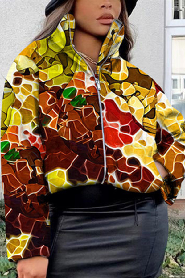 Multicolor Fashion Casual Print Basic Mandarin Collar Outerwear