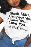 Black White Black One word collar Short Sleeve Letter Print Tops