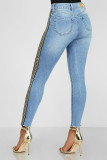 Blue Denim Zipper Fly Sleeveless Mid Solid Patchwork pencil Pants Pants