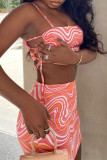 Orange Fashion Sexy Print Backless Strap Design Spaghetti Strap Sleeveless Two Pieces