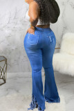 Light Blue Denim Zipper Fly High Tassel Hole washing Zippered Boot Cut Pants Bottoms
