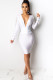 White Celebrities Cap Sleeve Long Sleeves V Neck Lantern skirt Knee-Length Solid Patchwork tasse