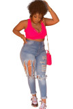 Light Blue Denim Zipper Fly Mid Hole pencil Pants Pants