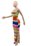 Green Fashion Sexy Striped Print Slit O Neck Sleeveless Dress