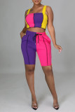 Rose Red Fashion Casual Patchwork Backless Square Collar Sleeveless Two Pieces