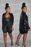 Black Notched Sequin Patchwork Solid Pure Long Sleeve Blazer & Suits &Jacket