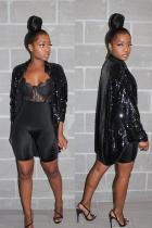 Black Notched Sequin Patchwork Solid Pure Long Sleeve Blazer & Suits &Jacket
