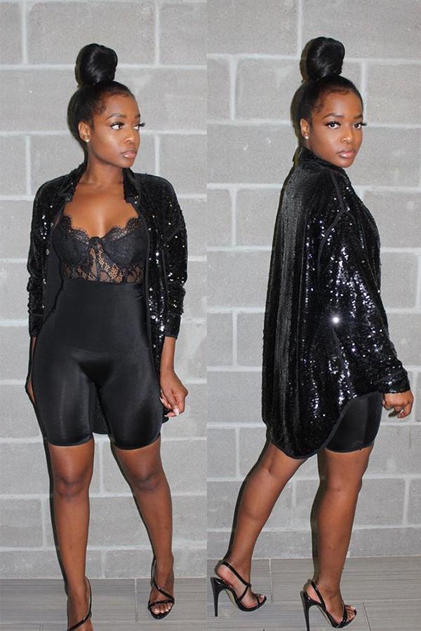 Black Notched Sequin Patchwork Solid Pure Long Sleeve Blazer & Suits &Jacket
