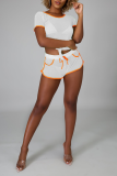 White Sexy Solid Patchwork O Neck Short Sleeve Two Pieces