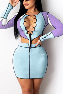 Blue Fashion Sexy Patchwork Hollowed Out O Neck Long Sleeve Two Pieces