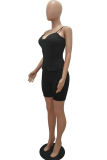 Black Sexy Solid Patchwork Spaghetti Strap Sleeveless Two Pieces