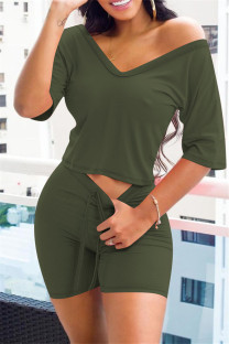 Ink Green Fashion Casual Solid Basic V Neck Half Sleeve Two Pieces