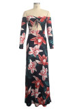 Red Sexy Fashion Off The Shoulder Long Sleeves Wrapped chest Step Skirt Ankle-Length Print split Patchwo