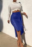 Blue Brown PU Drawstring Sleeveless High Patchwork Solid bandage Split A-line skirt Capris Bottoms