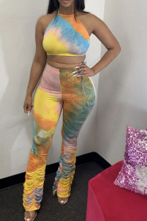 Orange Fashion Casual Print backless Tie Dye Two Piece Suits Loose Sleeveless Two Pieces